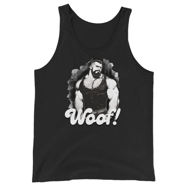 Black tank top featuring a muscular man graphic and 'Woof!' text, gay pride apparel.