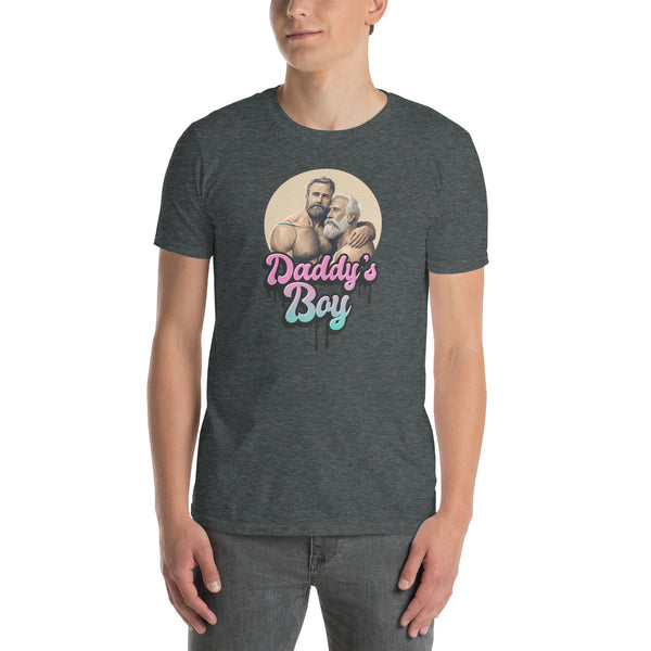 Model wearing Daddy's Boy Gay Bear T-Shirt in dark grey with colorful graphic.