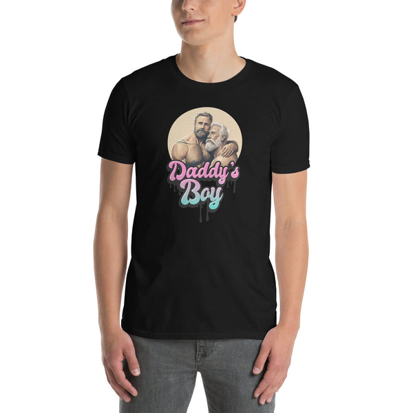 Daddy's Boy Gay Bear T-Shirt | Men Embrace Design | LGBT Pride Tee worn by a model in black.