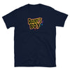 Navy blue t-shirt featuring colorful 'Daddy's Boy' graphic design, LGBTQ pride apparel.