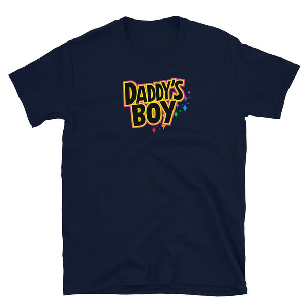 Navy blue t-shirt featuring colorful 'Daddy's Boy' graphic design, LGBTQ pride apparel.