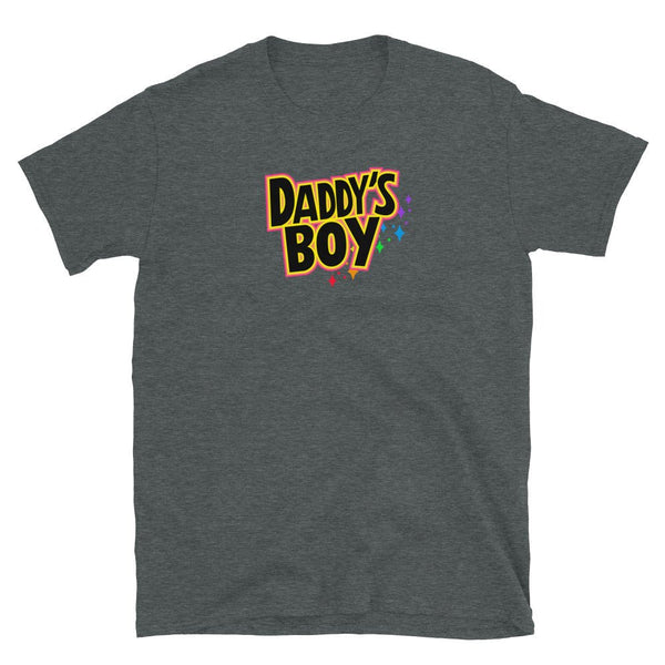 Dark grey gay shirt with 'Daddy's Boy' graphic design for LGBTQ pride.