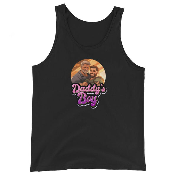 Black tank top featuring a graphic of two men, Daddy’s Boy Tank Top - Daddy & Son.