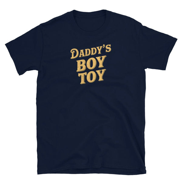 Daddy's Boy Toy Shirt in navy with bold gold text, funny gay apparel.