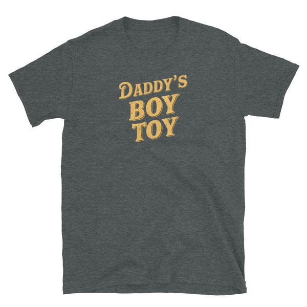 Dark heather gray funny gay shirt with 'Daddy's Boy Toy' design.