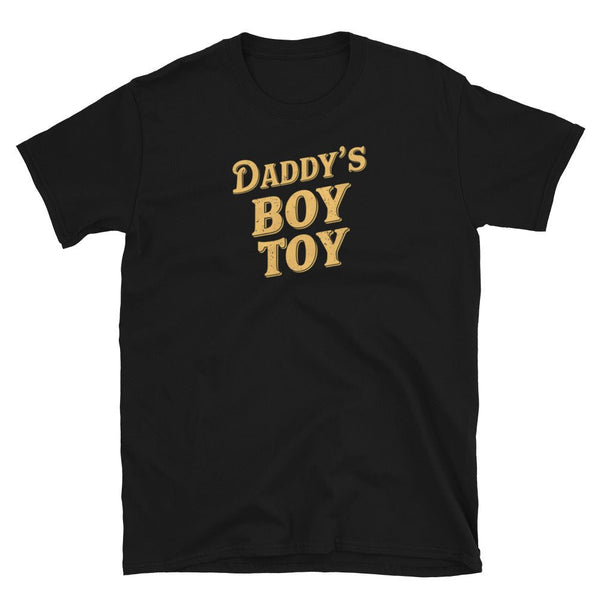 Black t-shirt with 'Daddy's Boy Toy' text, LGBTQ funny shirt design.