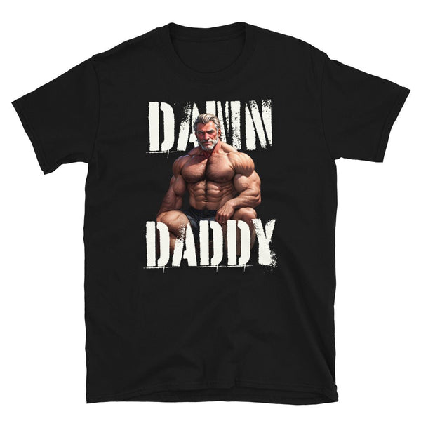 Damn Daddy - Gay Older Daddy Gay T-Shirt with muscular man graphic, black color.
