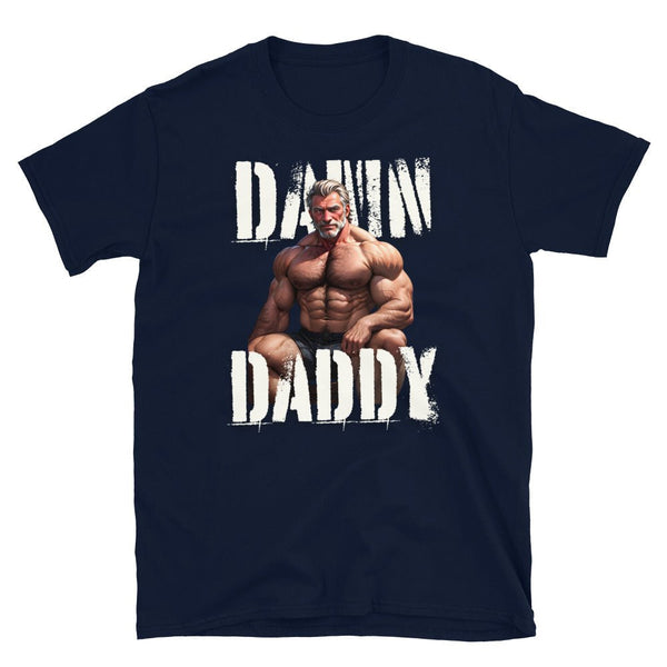 Navy blue gay shirt featuring muscular man graphic with 'Damn Daddy' lettering.