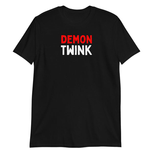 Demon Twink Funny Gay Pride Tee, Soft Unisex T-Shirt in black, bold graphic design.