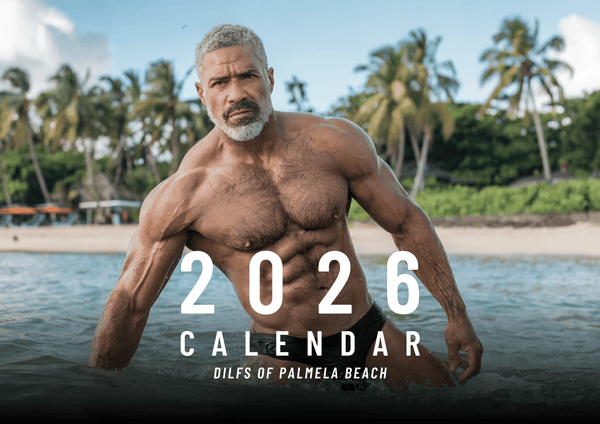 Muscular man at beach for DILFS of Pamela Beach 2026 Calendar, gay gift.