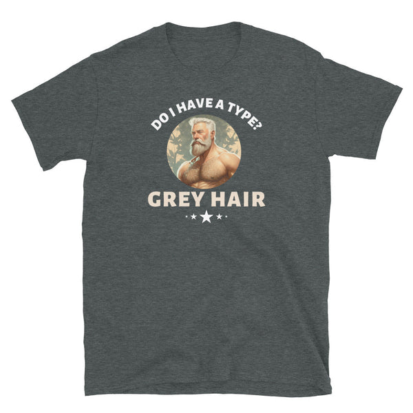 Grey shirt featuring a bear graphic and witty text for pride apparel, gay gift.