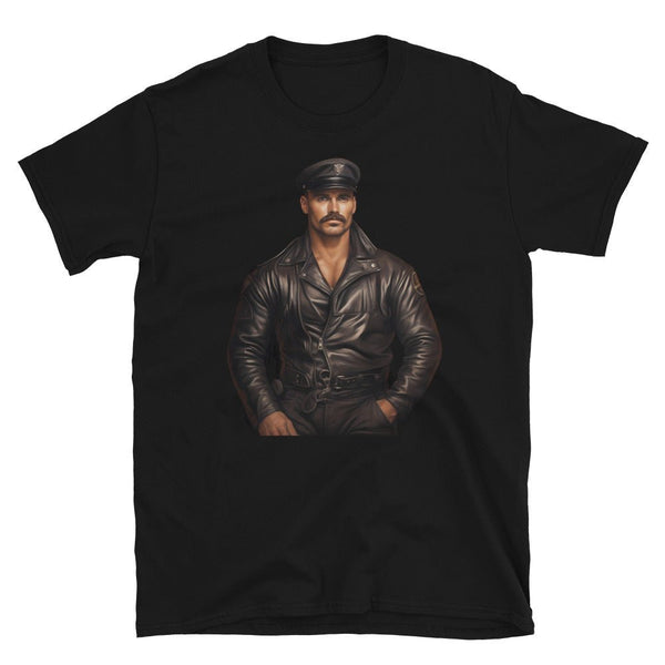 Dom Daddy Vintage Leather Daddy 2 Gay LGBTQ Pride Leather Daddy Gay Pride black tee featuring a muscular man in leather.