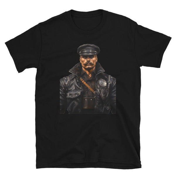 Black t-shirt featuring masculine man in vintage leather police uniform, LGBTQ pride apparel.
