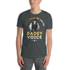 Model wearing a gray funny gay shirt with 'Don't Make Me Use My Daddy Voice' design.