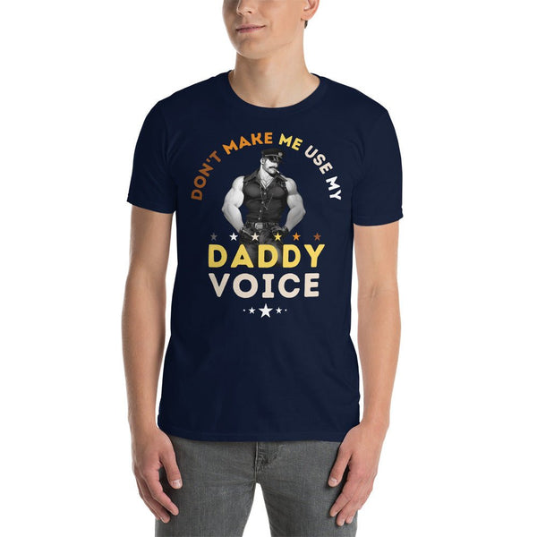 Navy blue gay shirt featuring humorous 'Daddy Voice' graphic for pride apparel.