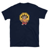 Navy t-shirt featuring a cartoon bear graphic with a paw print design.