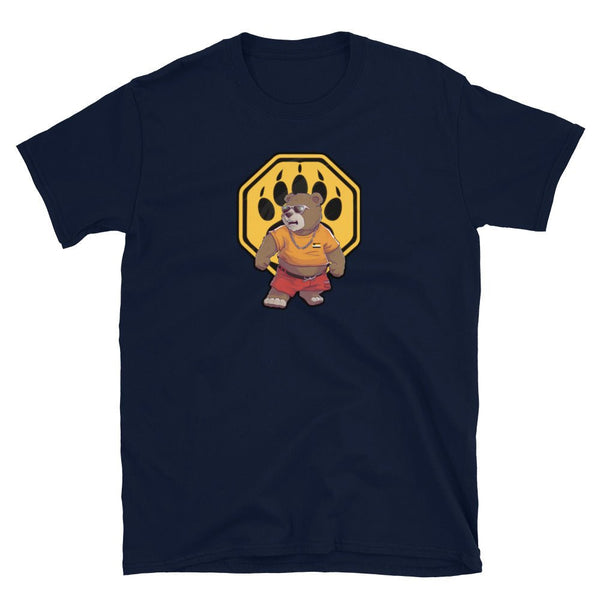 Navy t-shirt featuring a cartoon bear graphic with a paw print design.