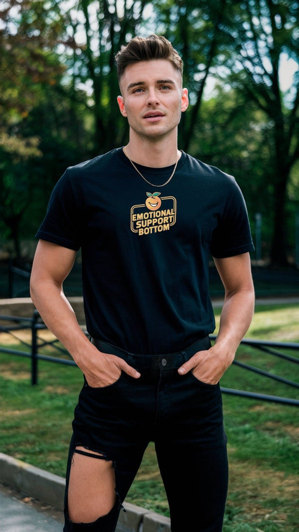 Emotional Support Bottom T-Shirt worn by a model outdoors in a casual setting.
