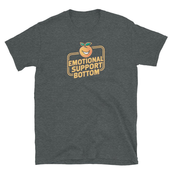 Emotional Support Bottom T-Shirt in dark grey with playful graphic design for gay pride apparel.