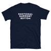 Navy blue t-shirt with "EMOTIONAL SUPPORT BOTTOM" text, gay pride apparel.