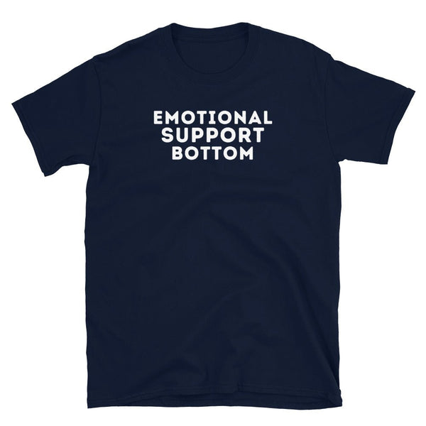 Navy blue t-shirt with "EMOTIONAL SUPPORT BOTTOM" text, gay pride apparel.