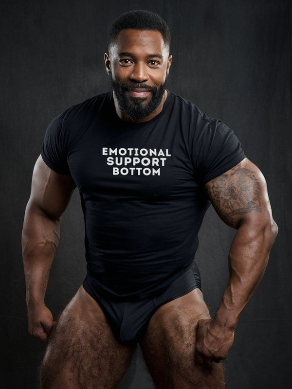 Muscular man wearing Emotional Support Bottom T-Shirt, showcasing gay pride apparel.