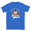 Bright blue shirt with 'Feed Me to the Bears' graphic, gay bear illustration.