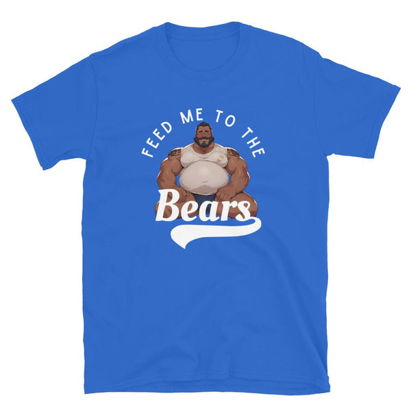 Bright blue shirt with 'Feed Me to the Bears' graphic, gay bear illustration.