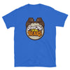 Bright blue shirt with 'Feed Me to the Bears' graphic, featuring two bears, fun gay bear design.