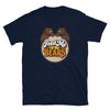 Navy blue shirt featuring a 'Feed Me to the Bears' graphic, humorous gay pride apparel.