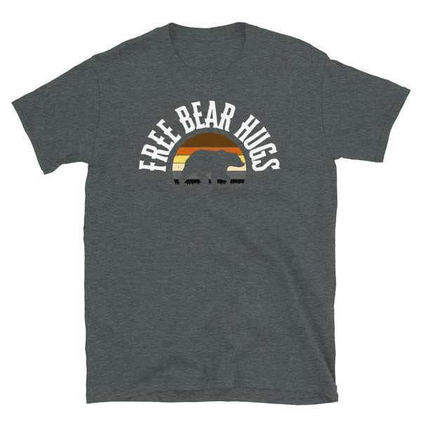 Dark heather grey shirt featuring rainbow bear graphic and text design, LGBTQ pride apparel.