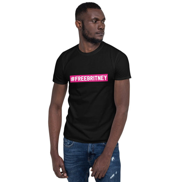 Model wearing a black t-shirt with #FREEBRITNEY, a stylish gay pride shirt.