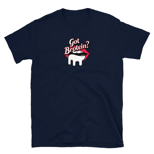 Navy blue t-shirt featuring a humorous design with 'Got Brotein?' text and graphic.