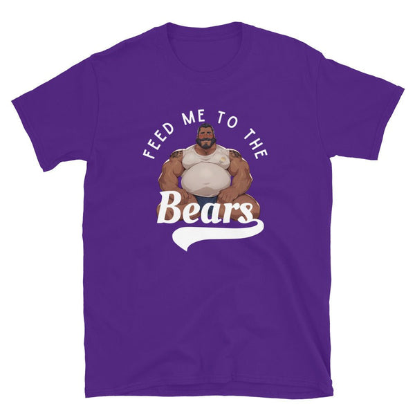 Purple gay pride shirt featuring a humorous bear illustration and text.