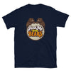 Navy blue shirt featuring "Feed Me to the Bears" design with two bears, funny gay bear shirt.