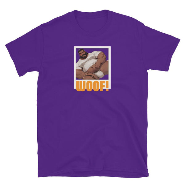 Gay Daddy Bear Illustration - Gay pride shirt - Purple tee with bear graphic and "Woof!" text.