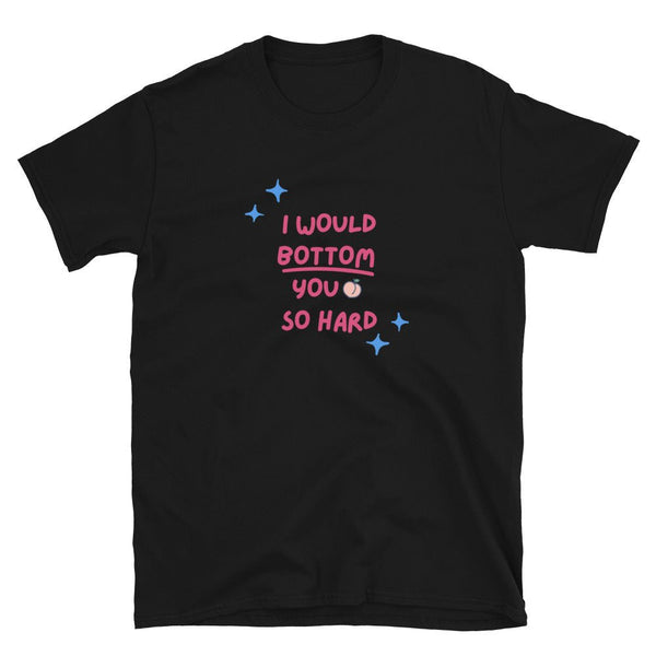 Black funny gay shirt with playful text design for pride apparel.