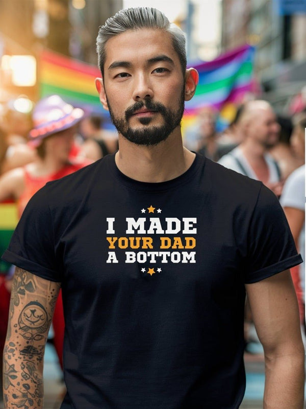 Model wearing a funny gay design shirt with text at a pride event.