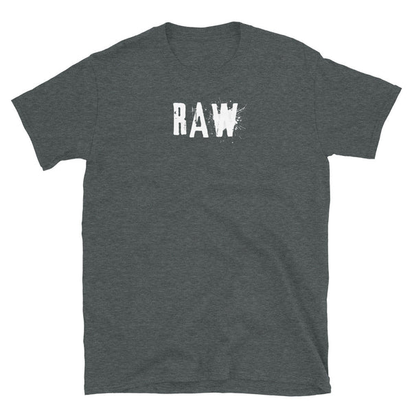 Dark gray funny gay shirt with distressed "RAW" graphic design.