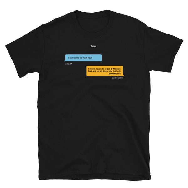 Black t-shirt featuring funny gay Grindr conversations and colorful text messages.