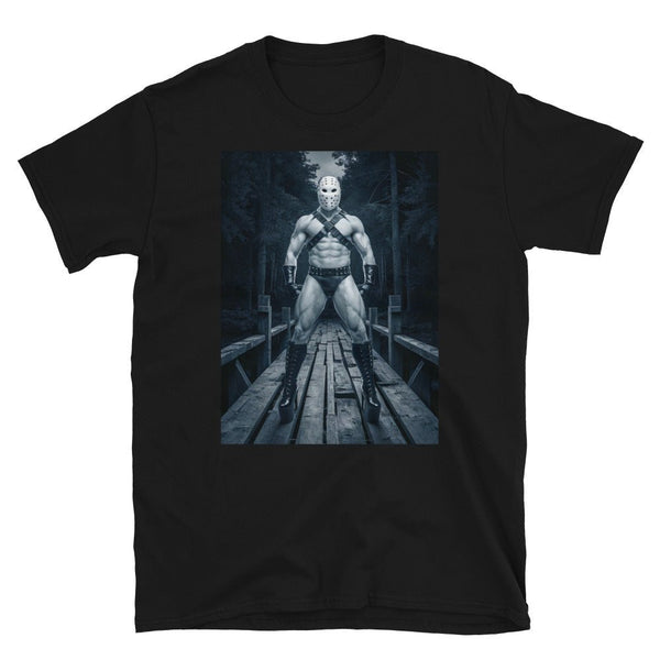 Funny Gay Halloween Tee - Gay Horror Tshirt - Daddy in Heels featuring muscular model in a forest setting.