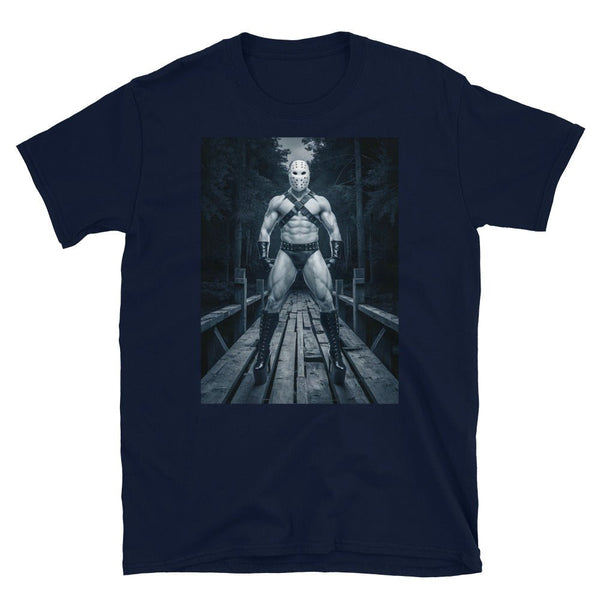 Funny Gay Halloween Tee - Gay Horror Tshirt - Daddy in Heels on navy shirt.