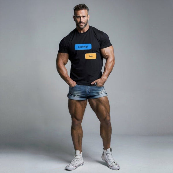 Model wearing a black funny gay hookup cruising shirt for men looking? Yep.