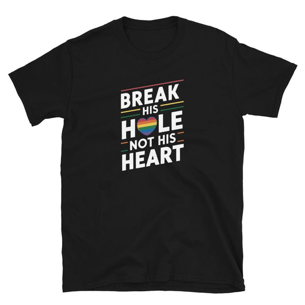 Black funny gay shirt with rainbow heart design and humorous text.
