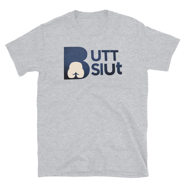 Grey gay shirt featuring raunchy 'Butt Slut' graphic design.