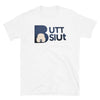 White t-shirt featuring 'BUTT SlUt' graphic, ideal for gay pride apparel.