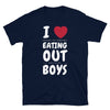 Funny Gay Shirt with text about cooking and eating out, navy color, LGBTQ themed.