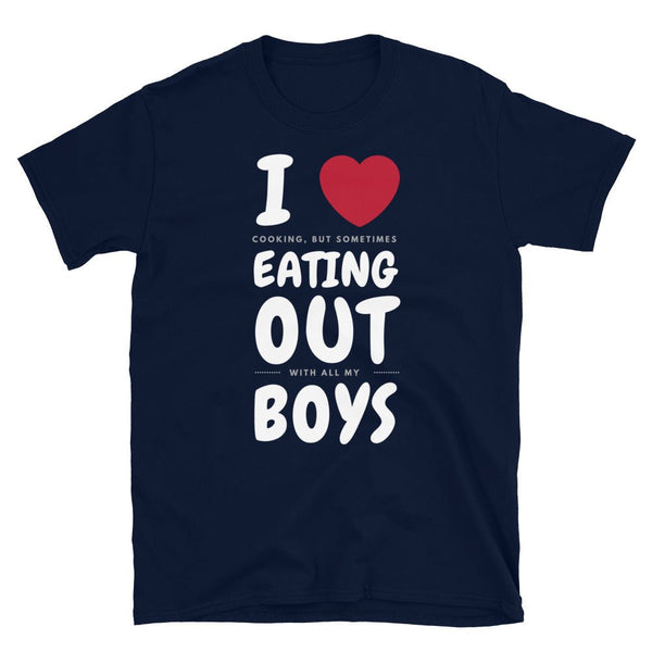 Funny Gay Shirt with text about cooking and eating out, navy color, LGBTQ themed.