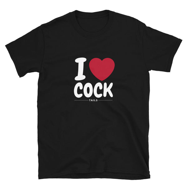 Funny Gay Shirt featuring bold "I love Cock Tails" graphic on black fabric.