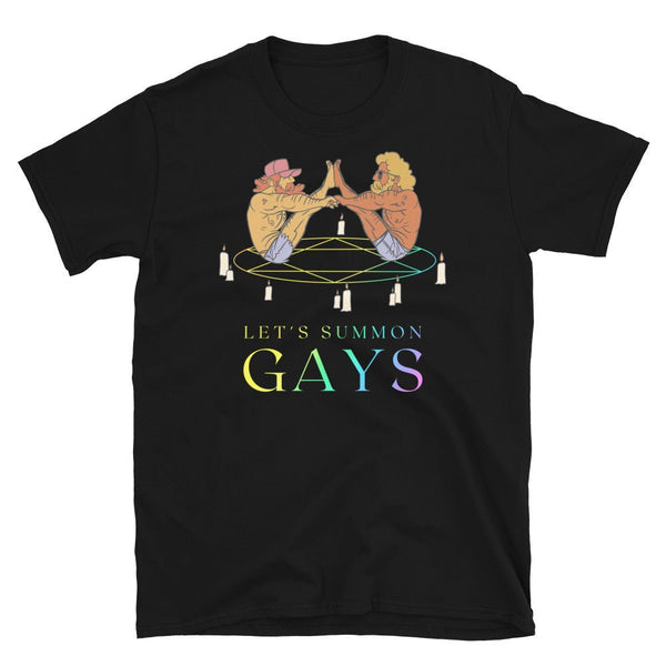 Funny Gay Shirt - Let's Summon Gays T-Shirt featuring colorful graphics on black fabric.
